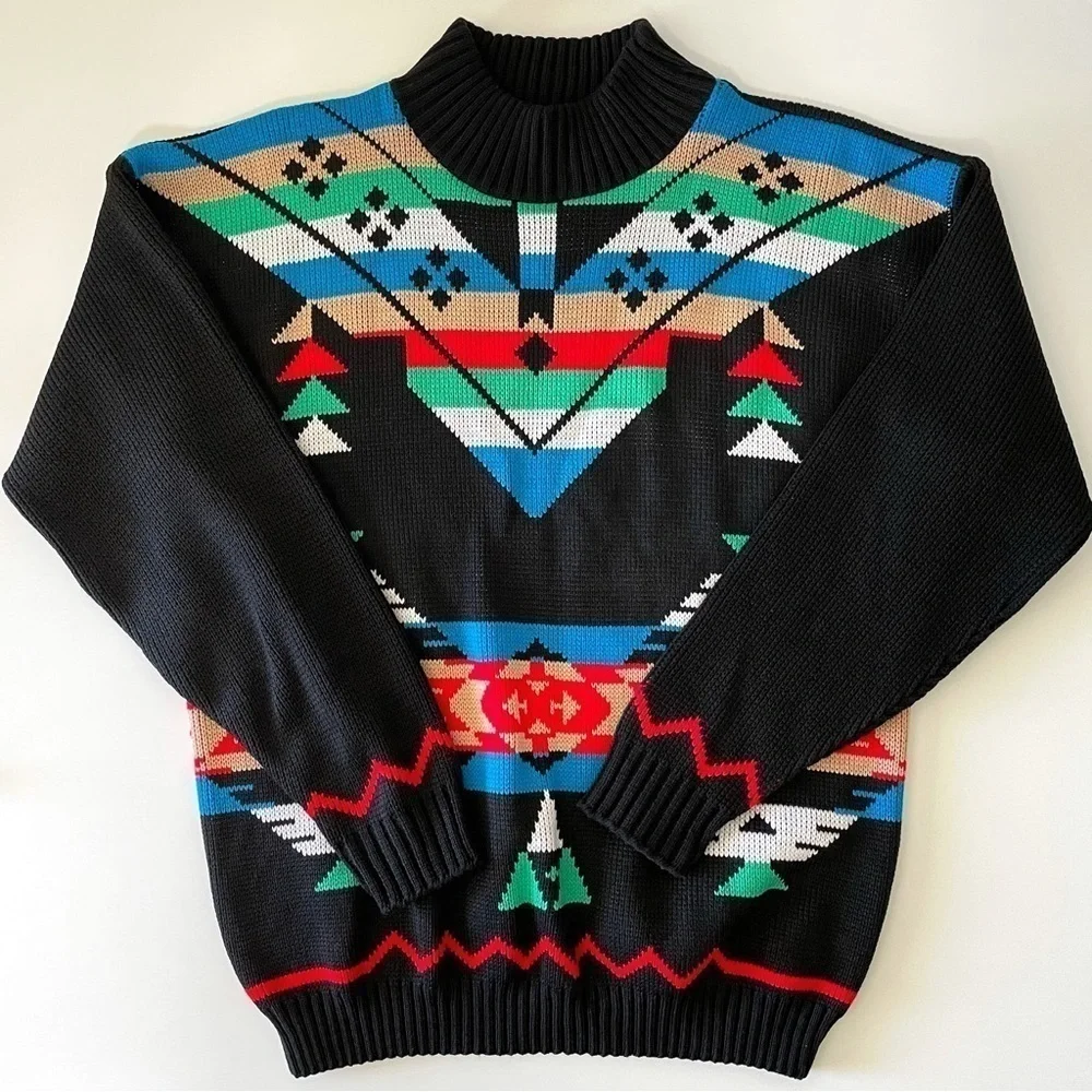Vintage 90s Mock Neck Patterned Knit Pullover Sweater Black Multicolor Medium